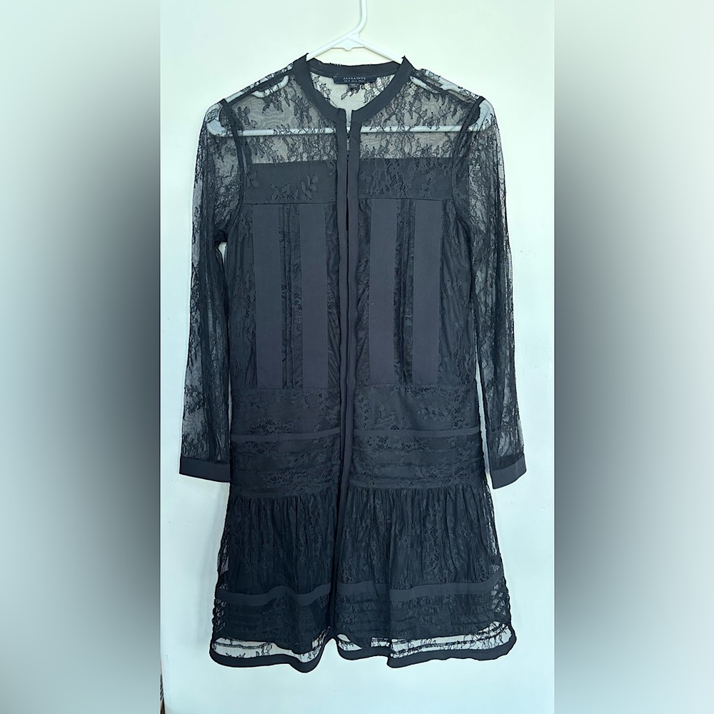 All Saints Sheer Black Lace Long Sleeve Dress